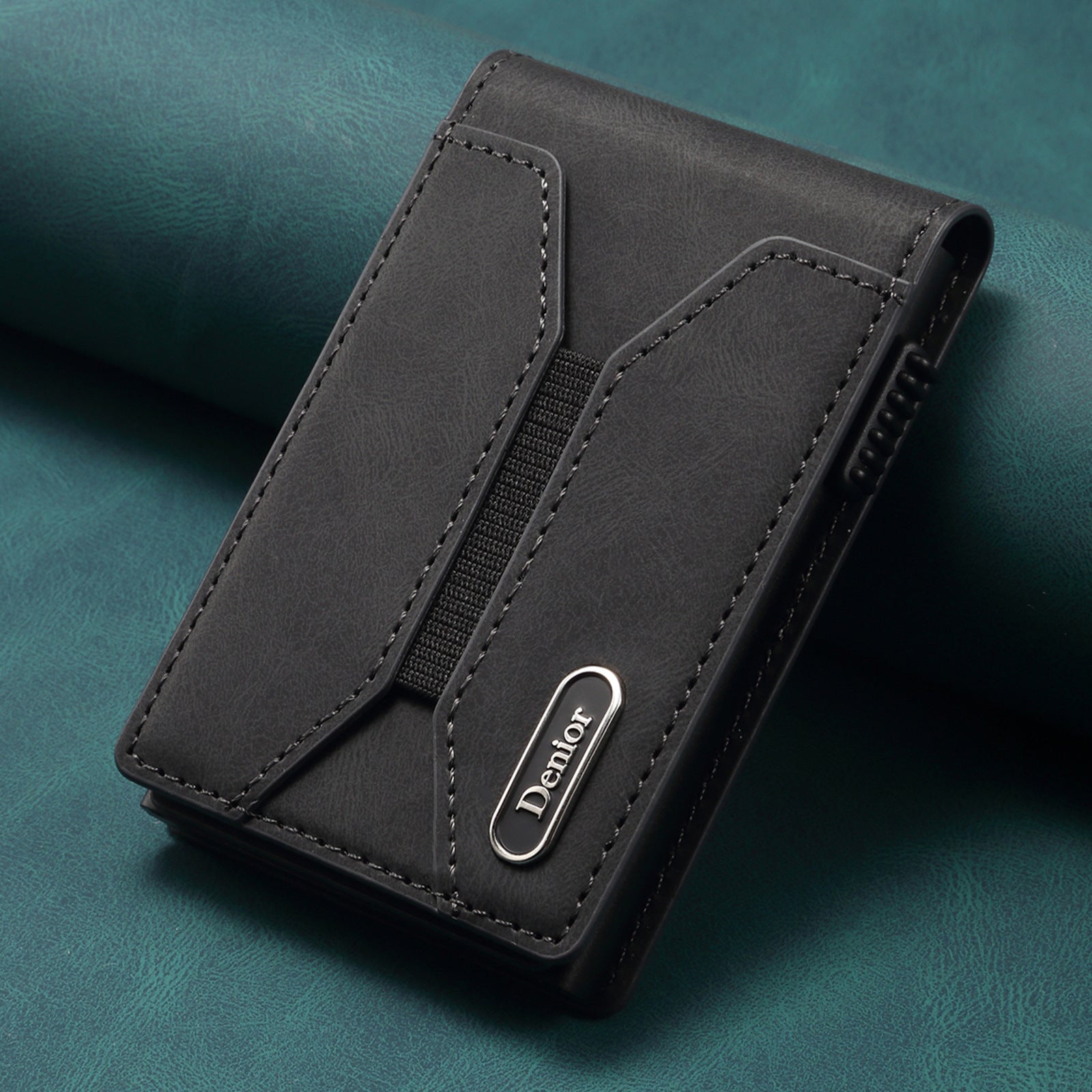 Smooth Leather Button-operated Automatic Pop-up Card Case With Elastic Band Wallet